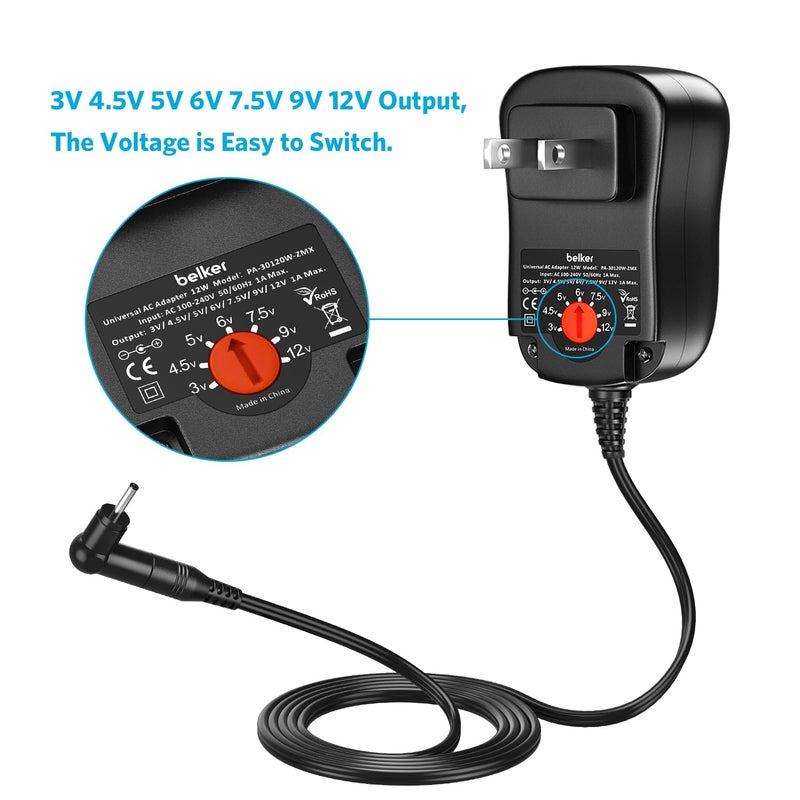 Belker 12W Universal 3V 4.5V 5V 6V 7.5V 9V 12V AC DC Adapter Power Supply for Household Electronics Router Speaker Smart Phone Tablet CCTV IP Camera - 1A 1000mA Amp Max. - Image 3